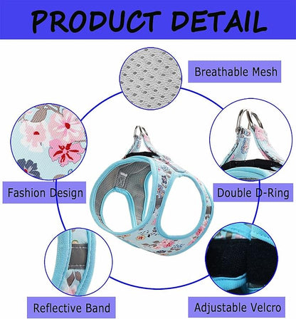 Moonpet Step in Dog Harness Leash Set- All Weather Reflective No-Pull Floral Pattern Padded Mesh Vest Harness for Cats Puppy Extra-Small Small Medium Large Dogs - Bell Orchid - L
