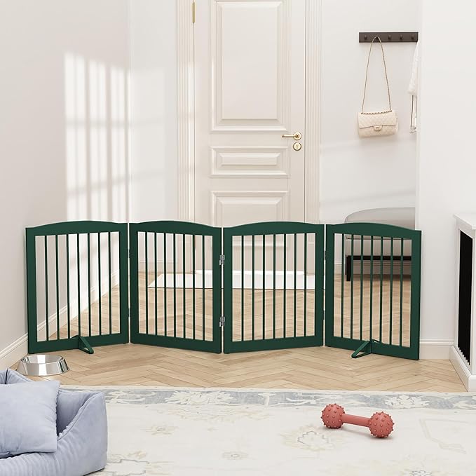 PUPETPO Freestanding Pet Gate for Dogs, Foldable Wooden Dog Gate for House, Indoor Dog Gate for Stairs, Doorways, Step Over Pet Puppy Safety Fence, 80 Inch Wide, 4 Panels 24", Green
