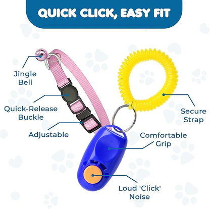 SunGrow Puppy Collars & Training Clickers, Dog Behavioral Management and Positive Reinforcement Tools, Multi-Colored (Blue, Pink, Green, Grey, Black), with Stretchable Wristband, 5 Pairs per Pack
