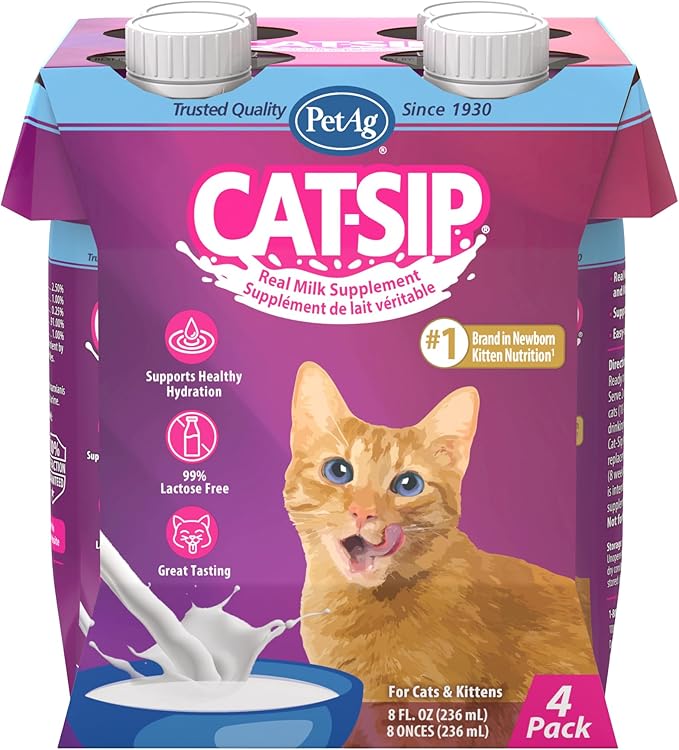 Pet-Ag Cat-Sip Real Milk - 8 oz, 4 Pack - Ready-to-Feed Snack for Cats & Kittens - Easy to Digest with 99% Lactose-Free, Low-Fat Grade A Milk - Encourages Hydration