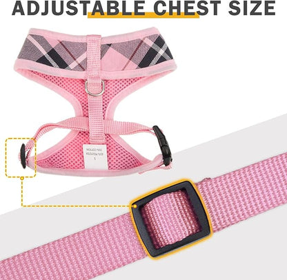 SCENEREAL Puppy Dog Harness with Leash Set for Small Medium Sized Dogs, Soft Mesh Pet Harnesses and Leash, No Chock Plaid Adjustable No Pull Vest for Dogs Cats, Chihuahua,Bulldog (Pink XS)