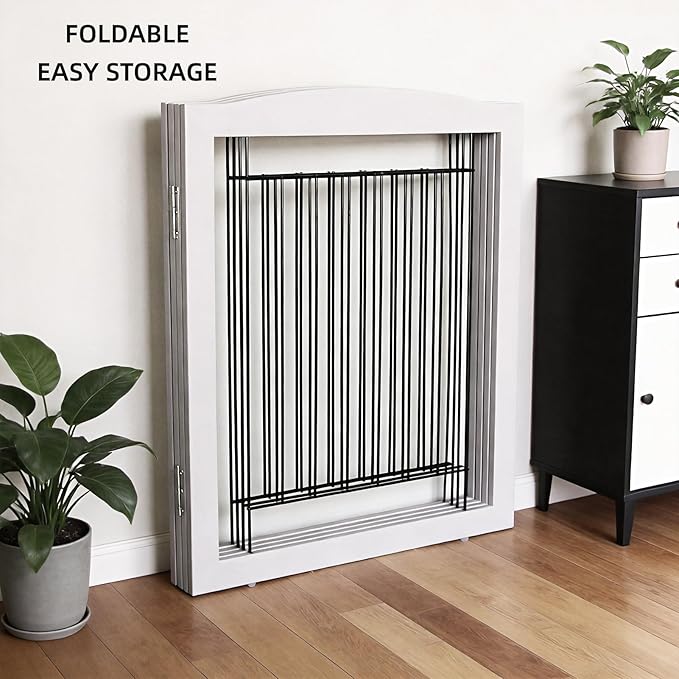 ZJSF Freestanding Dog Fence Indoor, Foldable Dog Gate for Doorways, Stairs or Hallways, Sturdy Wood Extra Wide Pet Gate with Support Feet for The House, Grey, 24 "Height-4 Panels