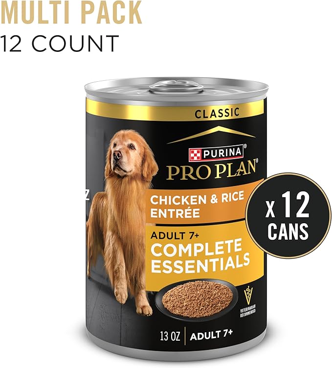Purina Pro Plan Wet Dog Food for Senior Dogs Adult 7 Plus Chicken and Rice Entree Classic - 13 oz. Cans,(Pack of 24)