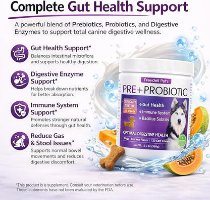 Freydell Pets Probiotics for Dogs– Digestive Enzymes, Prebiotics & Fiber Soft Chews – Gut Health, Diarrhea Relief, Yeast Balance, Immune Support, Pumpkin & Papaya – Dog Probiotic Supplement 120 Chews