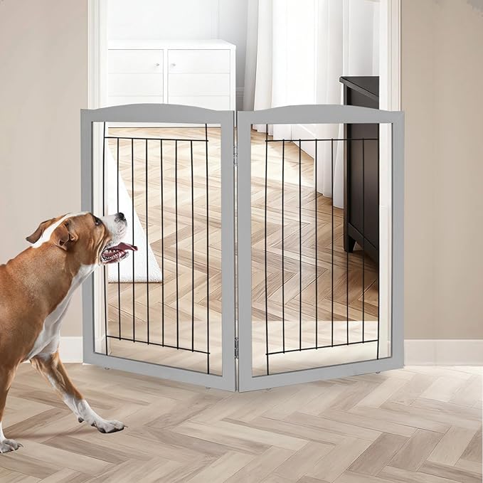 ZJSF Freestanding Foldable Dog Gate for House Extra Wide Wooden Indoor Puppy Gate Stairs Doorways Pet Gate Tall Dog Fence 2 Panels Fence Grey