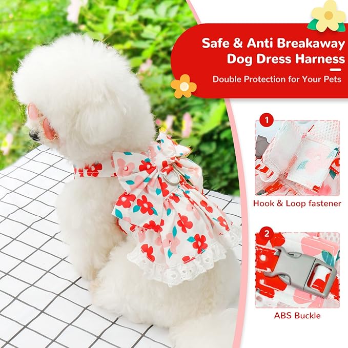ABRRLO Dog Harness Dress Leash Set for Small Dog Summer Clothes Girl Female Puppy Cats Outfits Cute Floral Bowknot Princess Birthday Dress for Extra Small Pet Doggie Kitten Outfits Apparel(Red,S)