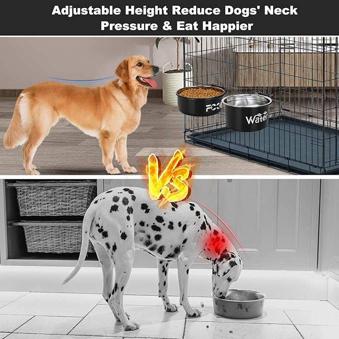 Crate Water Bowl No Spill for Large Dogs, Removable Stainless Steel Dog Bowls for Food and Water, Dog Kennel Hanging Wet and Dry Food Feeder for Medium/Large Pets, (7.1"x3.7" & 7.1"*2.6", Black)