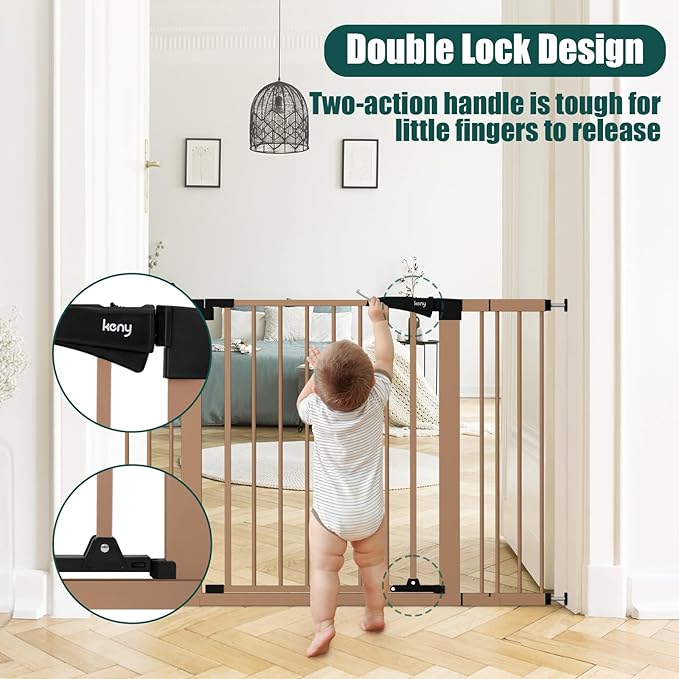 keny 29.7"-46" Baby Gate for Stairs, Auto Close Dog Gates for Doorways, Pressured Mounted No Drilling Pet Gate Extra Wide, Easy Walk Thru Stair Gate, 30" Tall, Brown