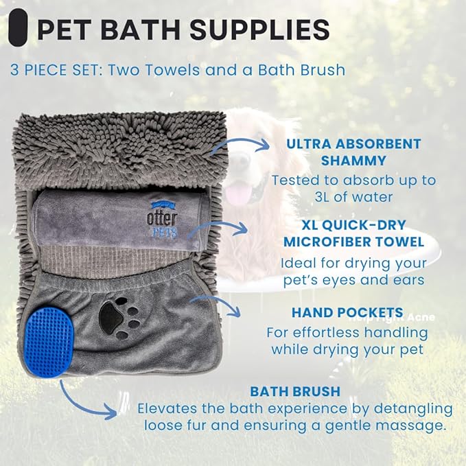 OtterPets 3 Piece Set: 2 Dog Towels and Dog Bath Brush. Dog Shammy and Microfiber Dog Towel. Super Absorbent Towels, Dog Bath Supplies, Dog Scrubber for Bath