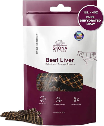 Skona PetFood Premium Chewy Dehydrated Beef Liver Jerky for Dogs & Cats, 1 lb of Beef Liver Dehydrated to 4 oz, Single-Ingredient High Protein Training Treats, Supports Digestion & Liver Health, USA