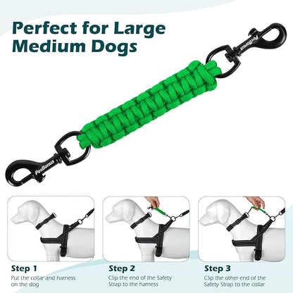 PetBonus Dog Collar Safety Clip, Handmade Backup Safety Strap for Dog Harness, Prong, Pinch Collar, Double Ended Clasp Leash Connector (Green)
