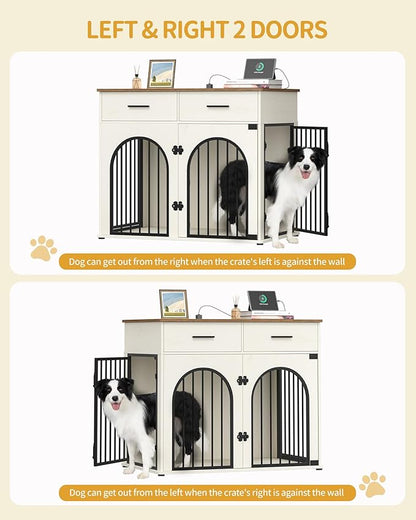 Hzuaneri 43.3'' Large Dog Crate Furniture with 2 Storage Drawers, Heavy Duty Dog Kennel Indoor with Charging Station, Wooden Dog Cage End Table Kennel for Medium/Large Dogs, White Brown DFC88214B
