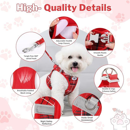 Gyuzh Small Dog Harness and Leash Set for Puppies - 3 Pieces Step in No Pull Vest & Collar, Extra Small Kitten Harness, Breathable Reflective Plaid, Padded Leash (Red, S)