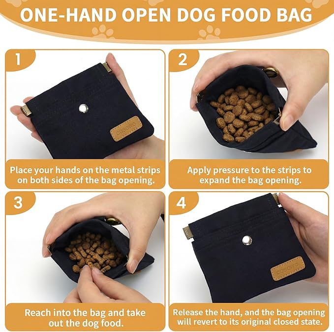 Dog Treat Pouch, Hand Free Dog Training Treat Bag with Carabiner & Magnetic Buckle, Auto Closing Dog Walking Bag for Puppy Travel or Outdoor Use, Pet Feed Snack Reward Pocket, Black