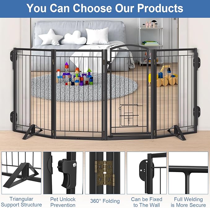 36" Tall Metal Freestanding Dog Gate with Cat Door for Indoor&Outdoor,80" Extra Wide Foldable Pet Gate,Foldable Indoor Dog Fence for Wide Openings Stairs,Deck,Yard,Doorways(4 Panels,Black)
