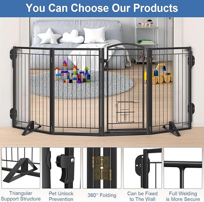 36" Tall Metal Freestanding Dog Gate with Cat Door for Indoor&Outdoor,80" Extra Wide Foldable Pet Gate,Foldable Indoor Dog Fence for Wide Openings Stairs,Deck,Yard,Doorways(4 Panels,Black)
