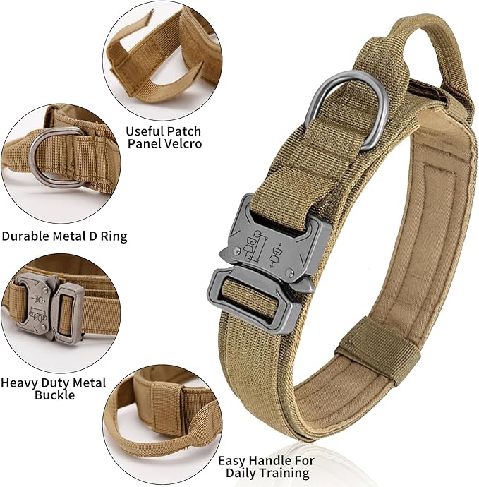 Tactical Dog Collar - Military Dog Collar, Adjustable Heavy Duty Metal Buckle Nylon Collar with Control Handle for Small Medium Large Dogs (Brown,XL)