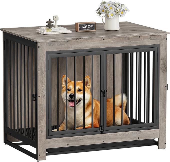 Derfullo Dog Crate Furniture, 38 Inch Indoor Dog Kennel for Medium Dogs Up to 50 LBS, Heavy Duty Wooden Pet Cage End Table with 3 Doors, Alloy Steel Frame & Removable Tray