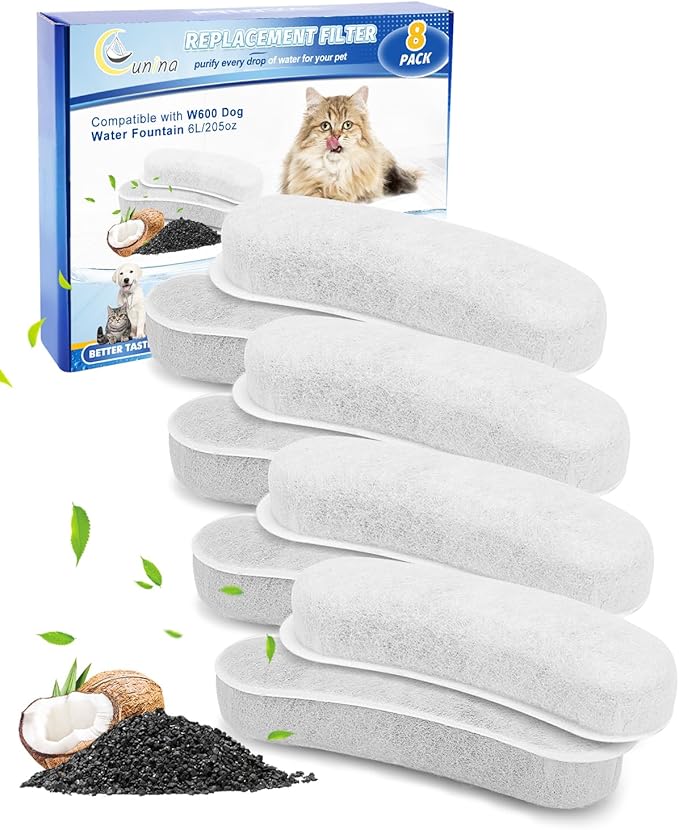 Pet Fountain Filters for Dog Waterer Fountain Compatible with W600 Automatic Dog Water 205oz/6L Dispenser, 8 Pack Large Pet Fountains Filter Replacement Fit for Cat Water Drinking Bowl