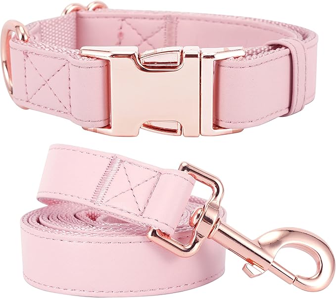 Dog Collar and Leash Set.Soft and Easy to Clean Vegan Leather with Rose Gold Metal Buckle for Small Medium Large Dogs (Pink, XS(8"-12"))
