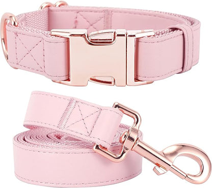 Dog Collar and Leash Set.Soft and Easy to Clean Vegan Leather with Rose Gold Metal Buckle for Small Medium Large Dogs (Pink, XS(8"-12"))