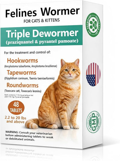 Cat Dewormer for Cats & Kittens –Broad Spectrum Triple Wormer Tablets with Praziquantel & Pyrantel Pamoate for Tapeworms, Roundworms & Hookworms, 48 Tablets