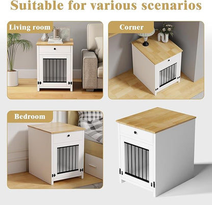 Small Dog Crate Furniture with Drawer, Wooden Pet Kennel End Table for Small Dogs, Furniture Style Indoor Dog House, Decorative White Dog Cage Nightstand, Side Table with Metal Bars & Secure Lock