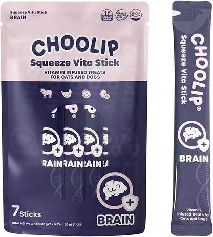 Choolip Squeeze Vita Stick Brain Support Lickable Cat and Dog Treats, 7-Count – Beef and Chicken Soft Puree with DHA, CoQ10 & Vitamin E, Vet-Formulated