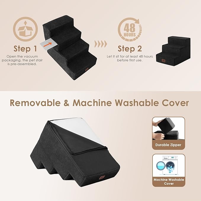 EHEYCIGA Dog Stairs for Small Dogs 13.5" H, 3-Step Dog Steps for Couch Sofa and Chair, Pet Steps for Medium Cats, Non-Slip Balanced Pet Ramp Indoor, Black