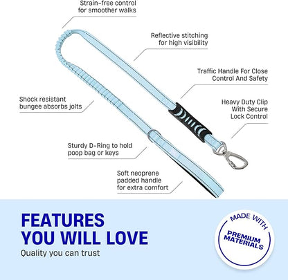 Dog Friendly Co. Bungee Dog Leash | Strain Free & Shock Resistant for Control | Neoprene Padded Handle, Heavy-Duty Carabiner Clip, and D-Ring | Sky Blue, Size Small