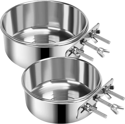 2 Pcs Medium Dog Food Water Bowl for Cage with Upgraded Clamp Holder, Pet Kennel Hanging Bowls Stainless Steel Detectable Bowls Crate Feeder Dish for Medium Dogs (6.3x2.7'' & 5.5x2.3'')