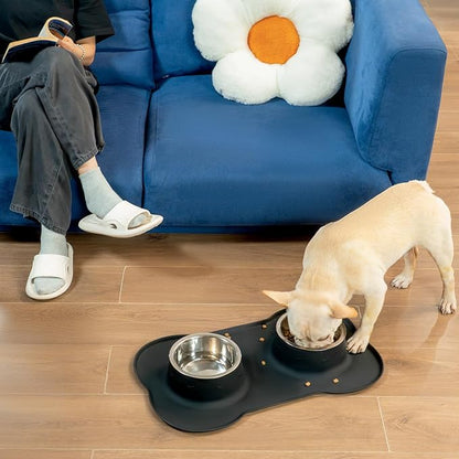 Conlun Medium Pet Feeding Station, 29oz Stainless Steel Dog Bowls Set, No Spill Food & Water Dishes with Non Slip Silicone Mat for Breeds Up to 55 Lbs,Black