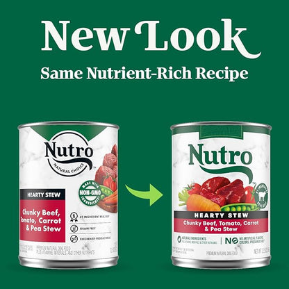 Nutro Hearty Stew Canned Wet Dog Food, Natural Grain Free Dog Food Wet Cuts in Gravy Chunky Beef, Tomato, Carrot & Pea, 12.5 oz Cans (12 Count, Pack of 1)