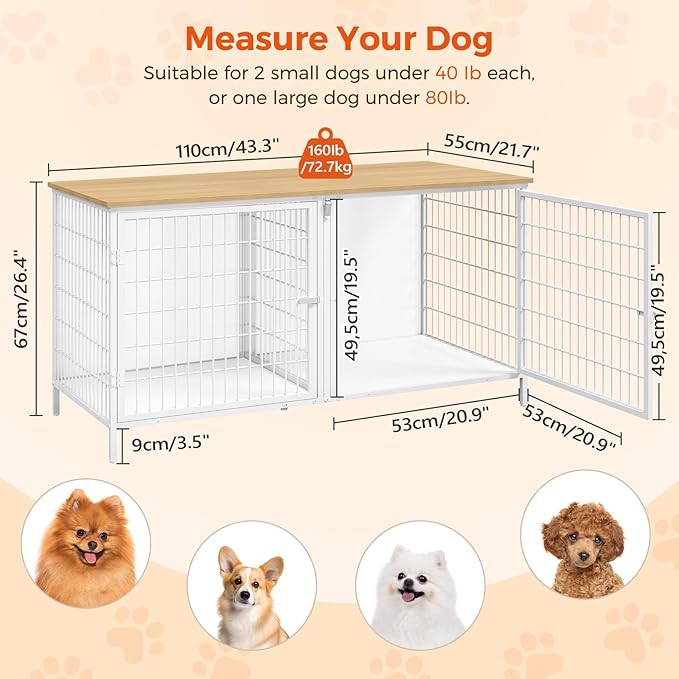 MAHANCRIS Dog Crate Furniture for 2 Dogs, 43.3" Dog Kennel with Removable Divider, Heavy Sturdy Dog Furniture Style Double Cage for Small Medium Dogs, Indoor Pet House End Table, Natural and White