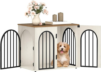 Hzuaneri 26.8'' Wooden Dog Crate Furniture, Indoor Dog Kennel Dogs Cage for Small Dogs, Heavy Duty Dog Crates Decorative Pet House End Side Table TV Stand, White Brown DFC85514B