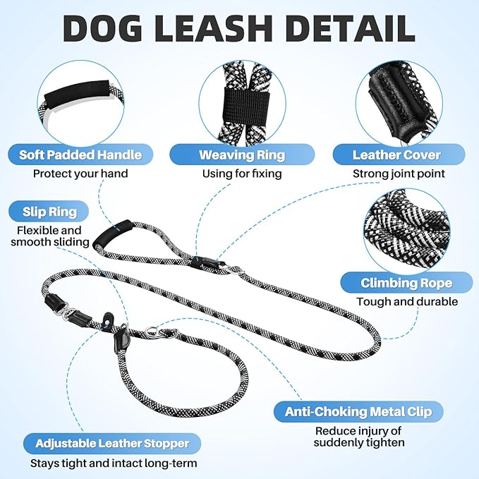 SlowTon Slip Lead for Dogs - Hands Free No Tangle Adjustable 5-7 FT 1/2” Rope, Heavy Duty Nylon Leash for Large Medium Dogs that Pull, No Pull Training Slip Leashes, 20-120lb, Black