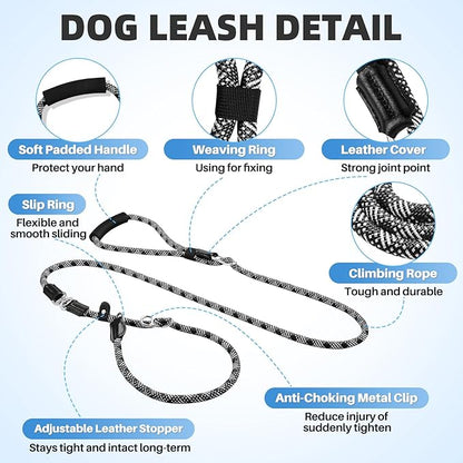 SlowTon Slip Lead for Dogs - Hands Free No Tangle Adjustable 5-7 FT 1/2” Rope, Heavy Duty Nylon Leash for Large Medium Dogs that Pull, No Pull Training Slip Leashes, 20-120lb, Black