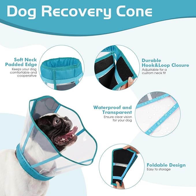Clear Dog Cone, Elizabethan Collar for Dogs to Stop Licking, Plastic Pet E-Collar Alternative After Surgery, Adjustable Dog Recovery Cone for Wound Healing