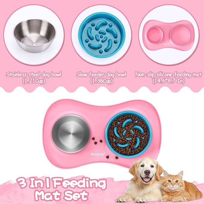 MateeyLife Dog Food and Water Bowl Set 3 in 1, Slow Feeder Dog Bowls & Stainless Steel Water Bowl with Non-Spill Silicone Mat, Cat and Puppy Bowls Pet Dishes for Small Medium Large Breed Anti-Choking