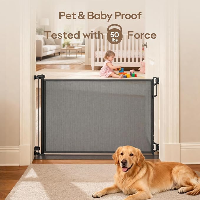 SPACEANY Retractable Safety Baby Gate or Mesh Dog Gate,Durable Portable Mesh Retractable Gate,Easy to Use for Stairs, Doorways, Hallways, Indoor, Outdoor, 33.5" Tall, Up to 45" Wide, Black