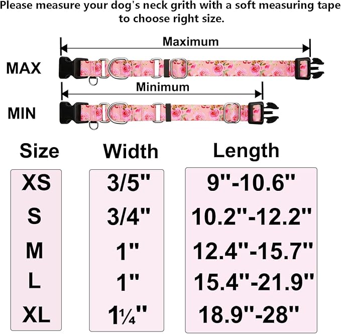 Martingale Collar for Dogs with Buckle Pink Floral Dog Collar No Pull Cute Girl Female Dog Collars for Small Dogs, Watercolor Pink Rose