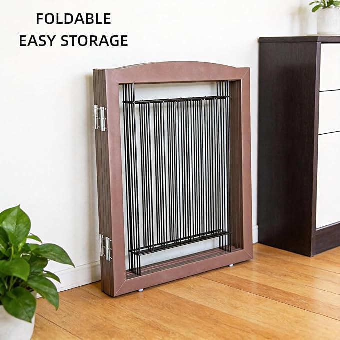ZJSF Freestanding Foldable Dog Gate for House Extra Wide Wooden Brown Puppy Gate Stairs Dog Gates Doorways Tall Pet Gate 32 "Height 3 Panels Pet Fence