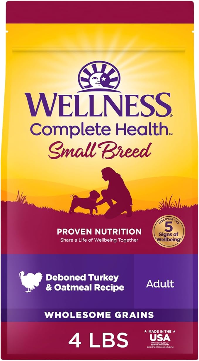 Wellness Complete Health Small Breed Adult Dry Dog Food, Wholesome Grain Kibble, Natural, Turkey and Oatmeal Recipe, 4 lb Bag