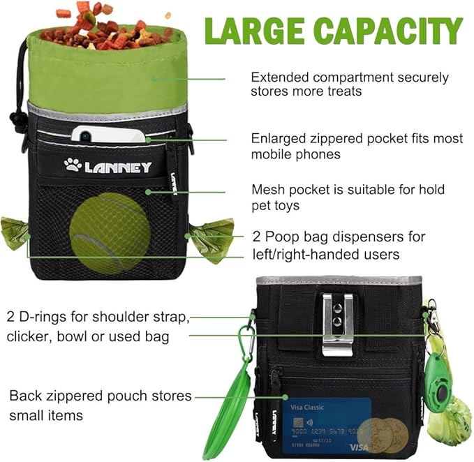 Dog Treat Pouch Pet Training Bag for Small to Large Dogs, Treat Tote Carry Kibble Snacks Toys for Training Reward Walking, Metal Clip, Waist belt, Shoulder Strap, Poop Bag Dispenser, Black with Green