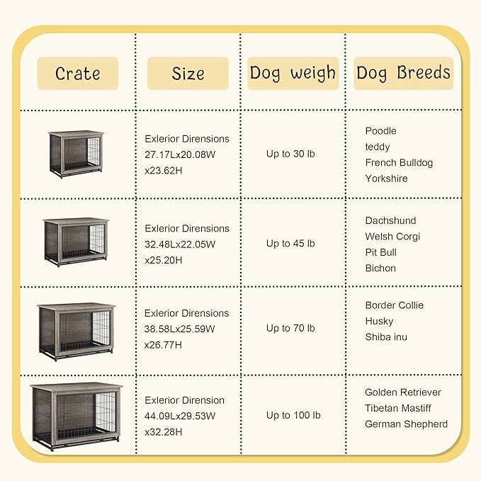 JY QAQA Wooden Crate Furniture, Double-Doors Indoor Kennel Table, Dog House, Cage/Grey/M