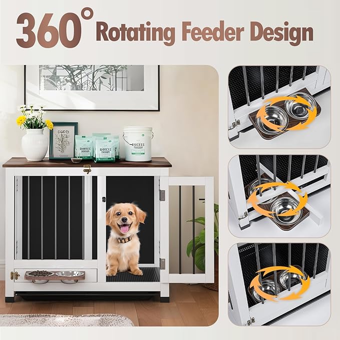 Dog Crate Furniture - 31.5" Wooden Indoor Dog Kennel with 360° Rotating Feeder & Removable Tray | Sturdy End Table for Medium & Small Dogs | Easy Assembly, White Dog Cage for Living Room