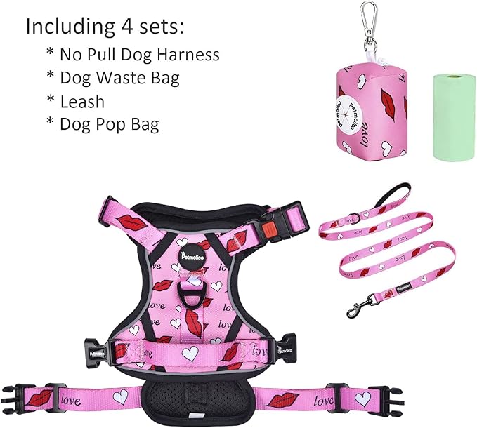 Petmolico No Pull Dog Harness Set with Leash Attachment Easy Control Handle Reflective Harness Vest Small Breed, Puppy Vest and Leash Set with Poop Bag Holder, Small - Red Lips