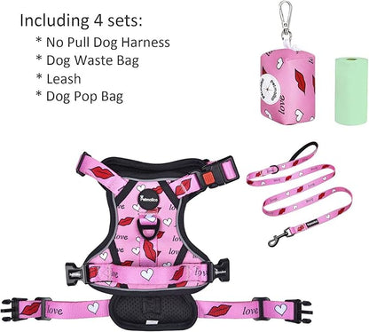 Petmolico No Pull Dog Harness Set with Leash Attachment Easy Control Handle Reflective Harness Vest Small Breed, Puppy Vest and Leash Set with Poop Bag Holder, Small - Red Lips