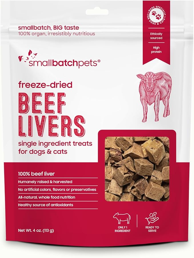 smallbatch Freeze Dried Dog Treats, Beef Liver Treats for Dogs & Cats, High Protein, Single Ingredient Dog Treat for Training or Food Topper, Natural, Humanely Sourced Meat, Made in the USA, 4 oz
