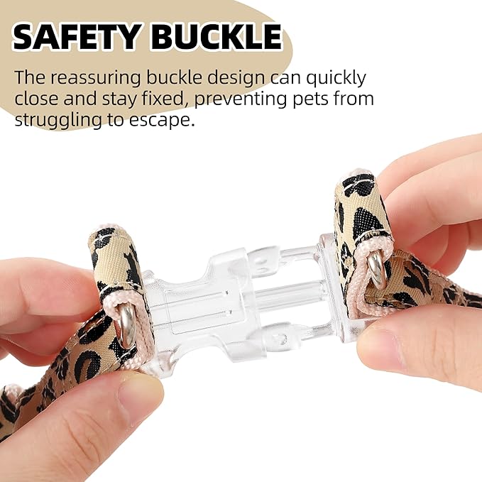 Mile High Life Leopard Dog Harness Collar Leash Set, Adjustable No Pull Dog Halter Harness for Small Breed Dogs, Easy Control for Training Walking (Beige, S Chest 11"-18", Neck 10"-14")